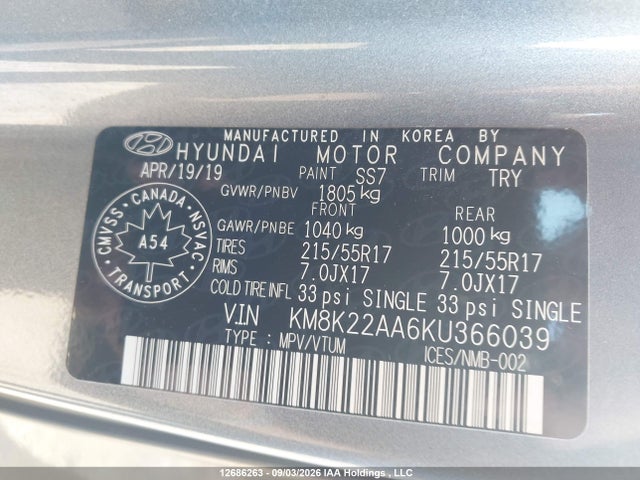 Aukcja sprzedaży 2019 Hyundai Kona 2.0l Preferred, vin: KM8K22AA6KU366039, numer aukcji: 12686263