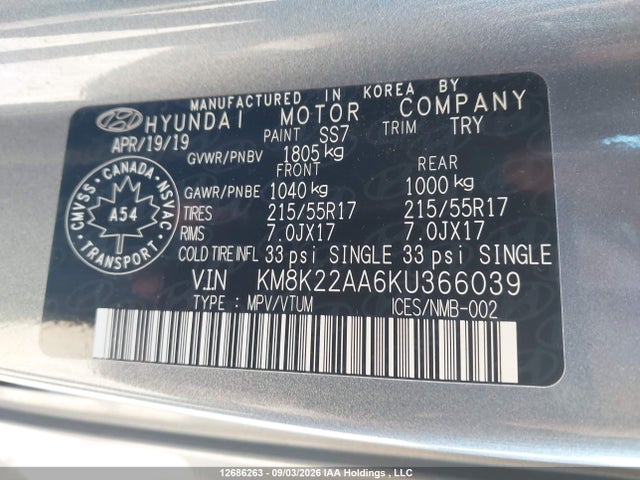 Aukcja sprzedaży 2019 Hyundai Kona 2.0l Preferred, vin: KM8K22AA6KU366039, numer aukcji: 12686263
