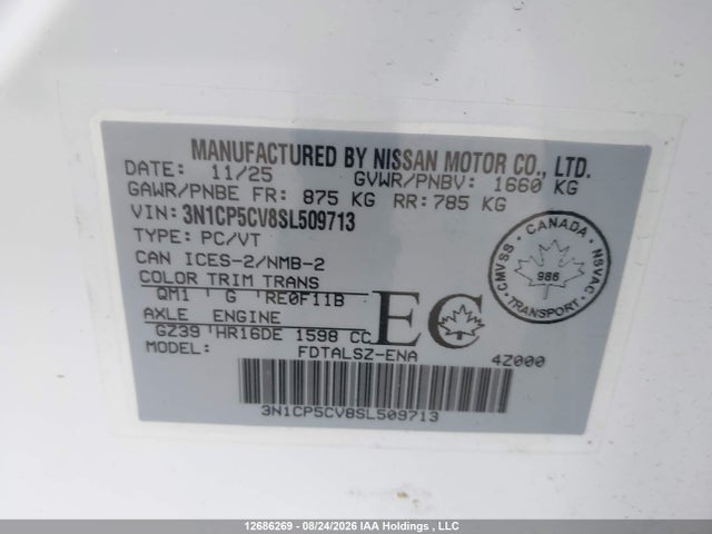 Продажа на аукционе авто 2025 Nissan Kicks Play Sv, vin: 3N1CP5CV8SL509713, номер лота: 12686269