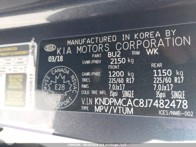 2018 Kia Sportage Lx მანქანა იყიდება აუქციონზე, vin: KNDPMCAC8J7482478, აუქციონის ნომერი: 12686286