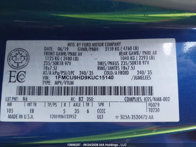 Ford ESCAPE SEL 2019 1FMCU9HD9KUC15140 Image 9