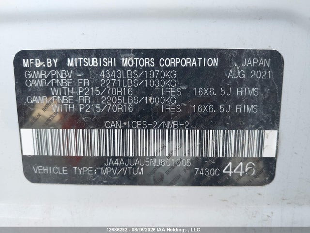 Aukcja sprzedaży 2022 Mitsubishi Rvr Es, vin: JA4AJUAU5NU601005, numer aukcji: 12686292
