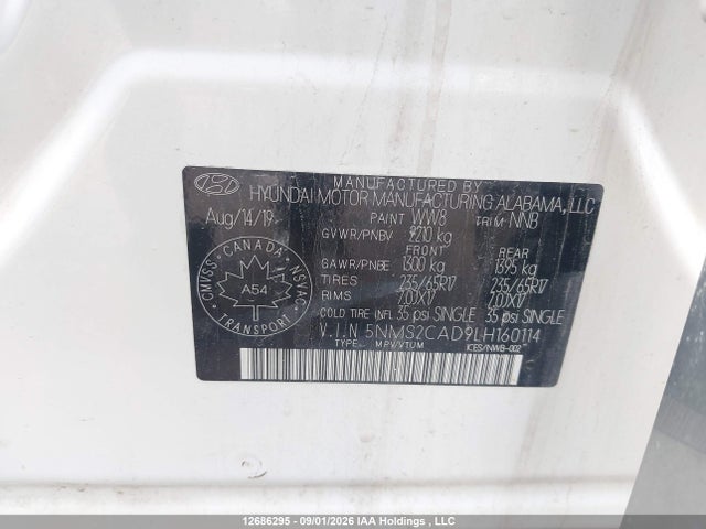 Продаж на аукціоні авто 2020 Hyundai Santa Fe Essential Awd With Smartsense Package, vin: 5NMS2CAD9LH160114, номер лоту: 12686295