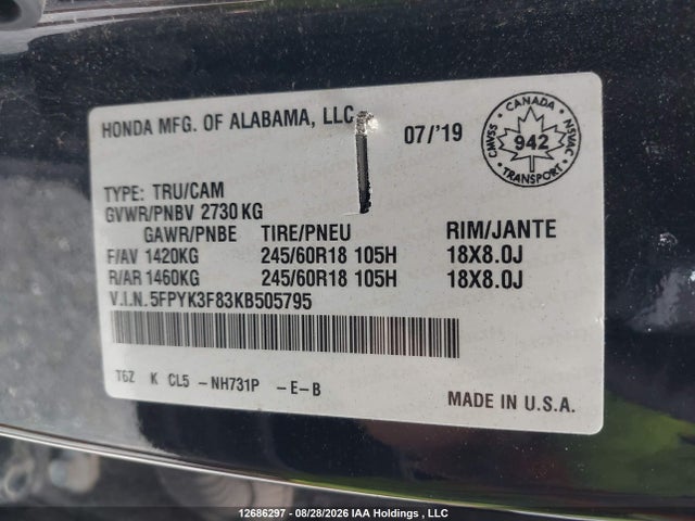 5FPYK3F83KB505795 Honda Ridgeline