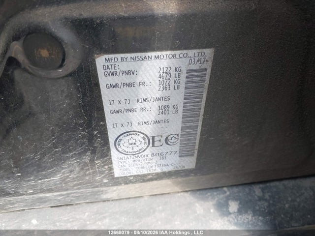 5N1AT2MV0HC806777 Nissan Rogue S/sl Platinum/sv