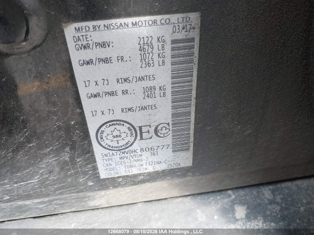 5N1AT2MV0HC806777 Nissan Rogue S/sl Platinum/sv