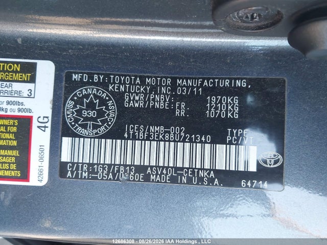 Продажа на аукционе авто 2011 Toyota Camry Le/se/xle, vin: 4T1BF3EK8BU721340, номер лота: 12686308