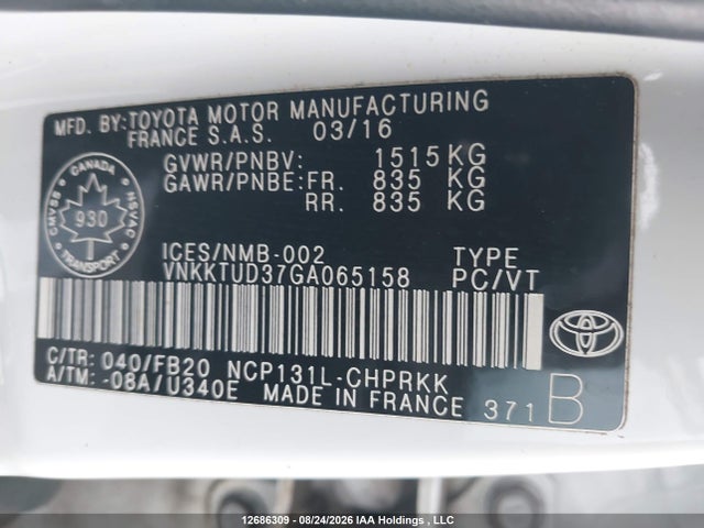 VNKKTUD37GA065158 Toyota YARIS LE