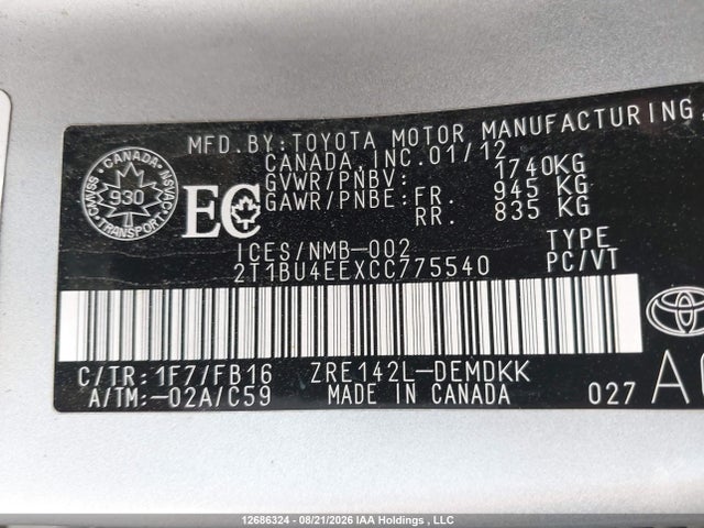 12686324 :رقم المزاد ، 2T1BU4EEXCC775540 vin ، 2012 Toyota Corolla مزاد بيع
