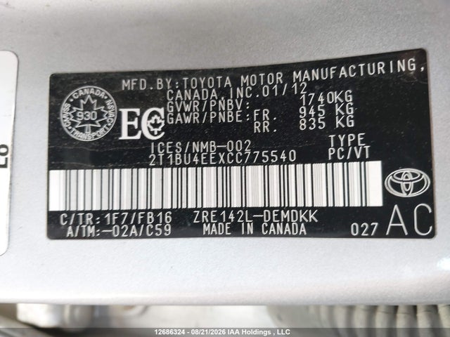12686324 :رقم المزاد ، 2T1BU4EEXCC775540 vin ، 2012 Toyota Corolla مزاد بيع