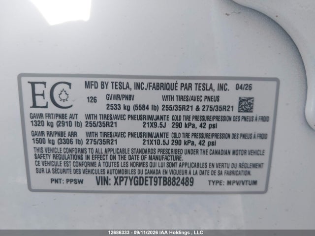 Продажа на аукционе авто 2026 Tesla Model Y, vin: XP7YGDET9TB882489, номер лота: 12686333