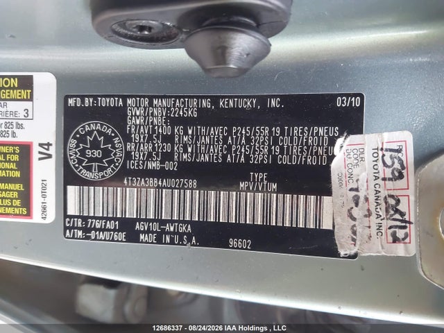 12686337 :رقم المزاد ، 4T3ZA3BB4AU027588 vin ، 2010 Toyota Venza مزاد بيع