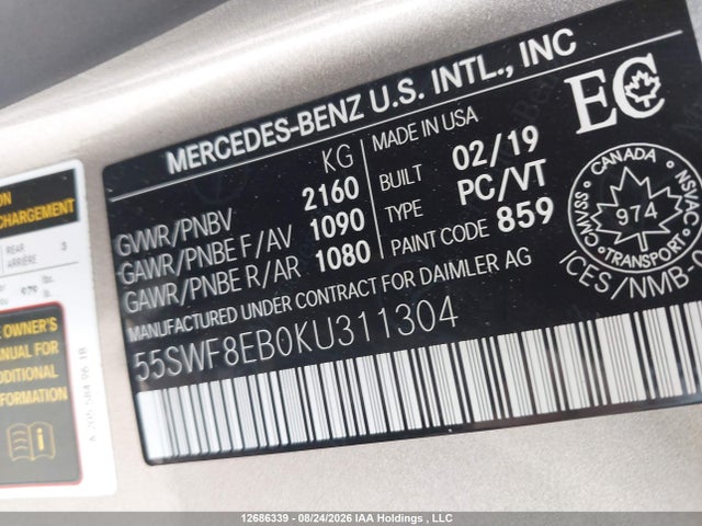 Aukcja sprzedaży 2019 Mercedes-benz C 300 4matic, vin: 55SWF8EB0KU311304, numer aukcji: 12686339