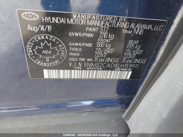 2020 Hyundai Santa Fe Se მანქანა იყიდება აუქციონზე, vin: 5NMS2CAD8LH159911, აუქციონის ნომერი: 12686362