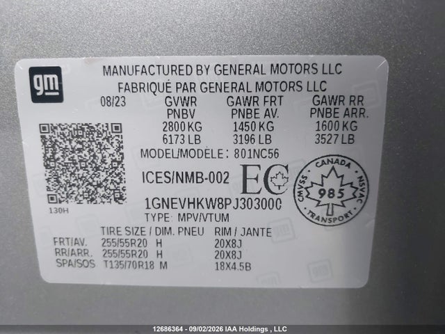 Продаж на аукціоні авто 2023 Chevrolet Traverse Lt True North, vin: 1GNEVHKW8PJ303000, номер лоту: 12686364
