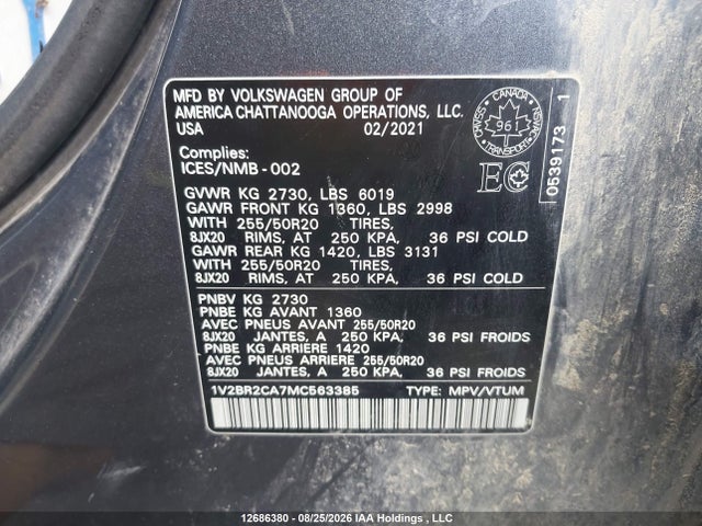 1V2BR2CA7MC563385 Volkswagen ATLAS SEL