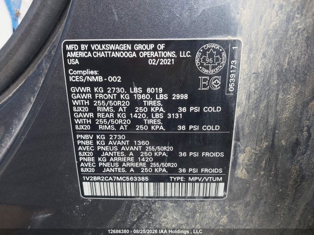 1V2BR2CA7MC563385 Volkswagen ATLAS SEL
