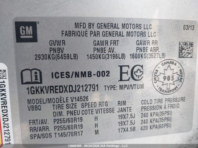 Продажа на аукционе авто 2013 Gmc Acadia Slt-1, vin: 1GKKVREDXDJ212791, номер лота: 12686395