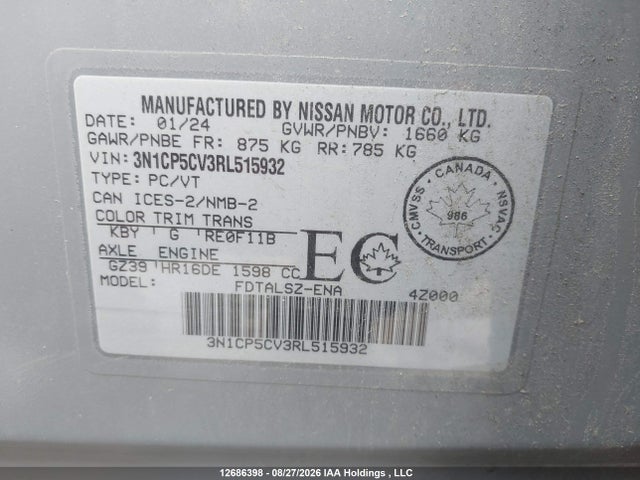 2024 Nissan Kicks მანქანა იყიდება აუქციონზე, vin: 3N1CP5CV3RL515932, აუქციონის ნომერი: 12686398