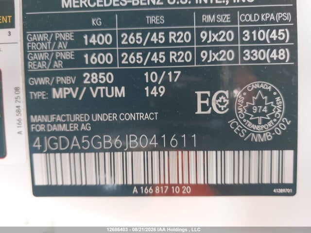 Aukcja sprzedaży 2018 Mercedes-benz Gle 400 4matic, vin: 4JGDA5GB6JB041611, numer aukcji: 12686403