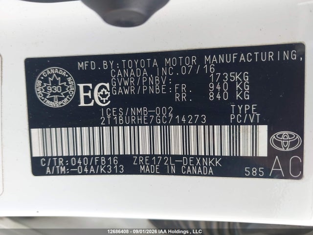 2T1BURHE7GC714273 Toyota COROLLA LE