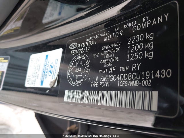 Продажа на аукционе авто 2012 Hyundai Genesis, vin: KMHGC4DD8CU191430, номер лота: 12686409