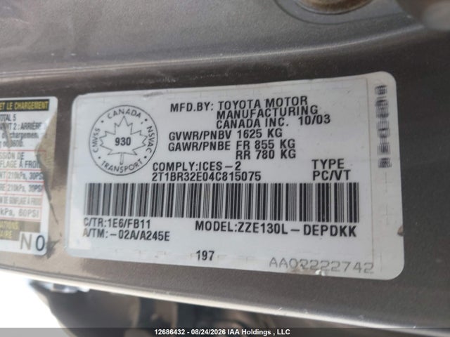 12686432 :رقم المزاد ، 2T1BR32E04C815075 vin ، 2004 Toyota Corolla Ce/le/s مزاد بيع