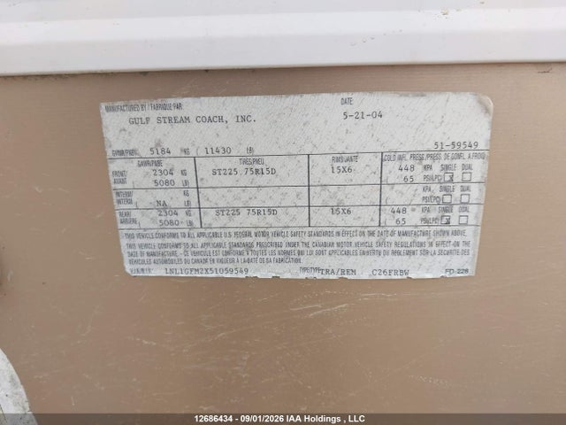 2005 Gulf Stream Gulf Stream მანქანა იყიდება აუქციონზე, vin: 1NL1GFM2X51059549, აუქციონის ნომერი: 12686434