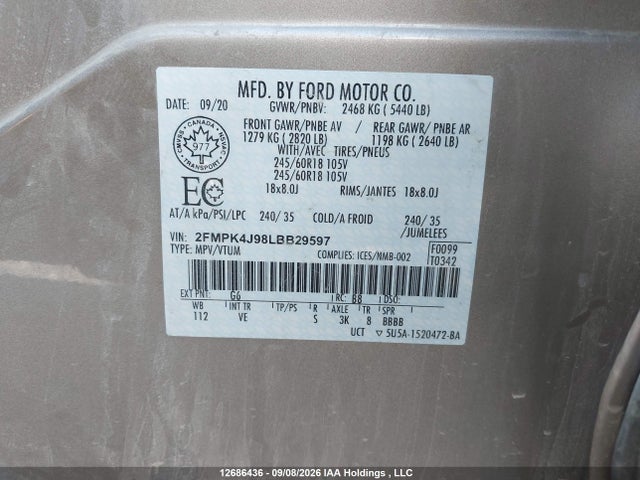 12686436 :رقم المزاد ، 2FMPK4J98LBB29597 vin ، 2020 Ford Edge Sel مزاد بيع