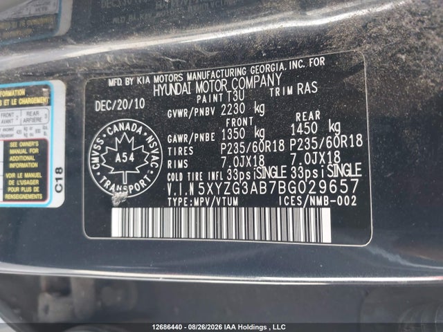 12686440 :رقم المزاد ، 5XYZG3AB7BG029657 vin ، 2011 Hyundai Santa Fe مزاد بيع