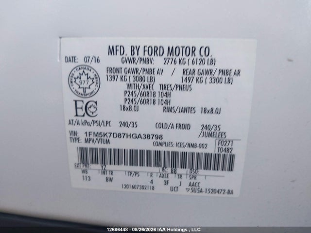 Продаж на аукціоні авто 2017 Ford Explorer Xlt, vin: 1FM5K7D87HGA38798, номер лоту: 12686448