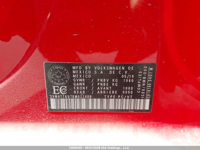 Aukcja sprzedaży 2019 Volkswagen Gti S/se/autobahn/rabbit Edition, vin: 3VW6T7AU7KM022408, numer aukcji: 12686450