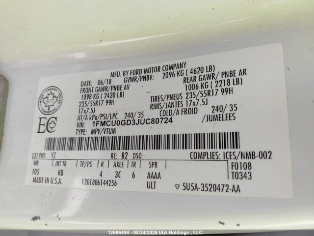 12686458 :رقم المزاد ، 1FMCU0GD3JUC80724 vin ، 2018 Ford Escape Se مزاد بيع