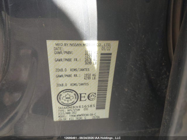 Aukcja sprzedaży 2012 Nissan Armada Sv/sl/platinum, vin: 5N1AA0NE8CN616585, numer aukcji: 12686461