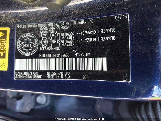 2015 Toyota Highlander Limited/ltd Platinum მანქანა იყიდება აუქციონზე, vin: 5TDDKRFH8FS184655, აუქციონის ნომერი: 12686462