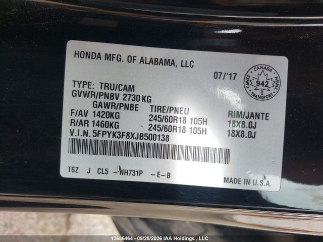 Aukcja sprzedaży 2018 Honda Ridgeline Black Edition, vin: 5FPYK3F8XJB500138, numer aukcji: 12686464