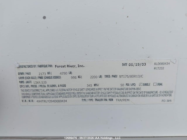 Aukcja sprzedaży 2004 Forest River , vin: 4X4TRLY294D080434, numer aukcji: 12686476
