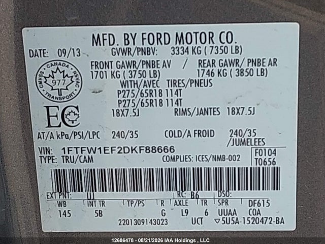 Продажа на аукционе авто 2013 Ford F-150 Fx4, vin: 1FTFW1EF2DKF88666, номер лота: 12686478