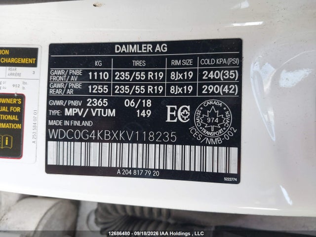 2019 Mercedes-benz Glc 300 4matic მანქანა იყიდება აუქციონზე, vin: WDC0G4KBXKV118235, აუქციონის ნომერი: 12686480