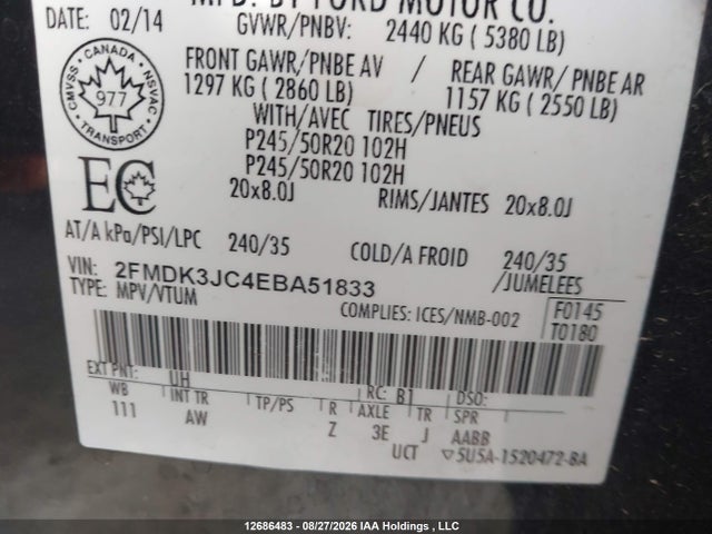 Продажа на аукционе авто 2014 Ford Edge Sel, vin: 2FMDK3JC4EBA51833, номер лота: 12686483