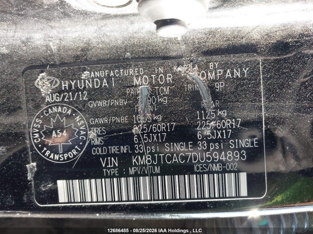 12686485 :رقم المزاد ، KM8JTCAC7DU594893 vin ، 2013 Hyundai Tucson مزاد بيع