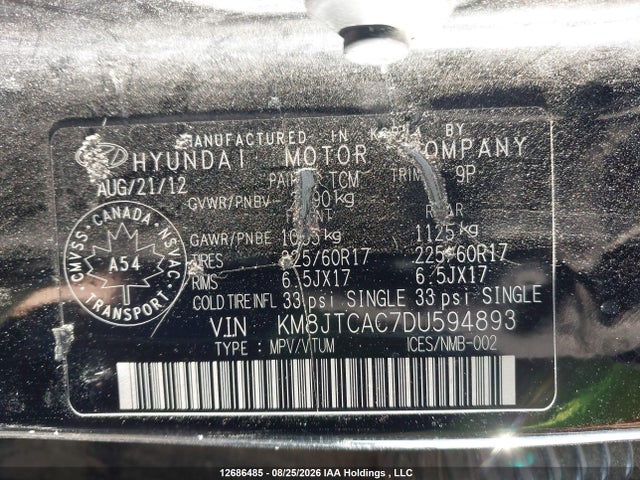 12686485 :رقم المزاد ، KM8JTCAC7DU594893 vin ، 2013 Hyundai Tucson مزاد بيع