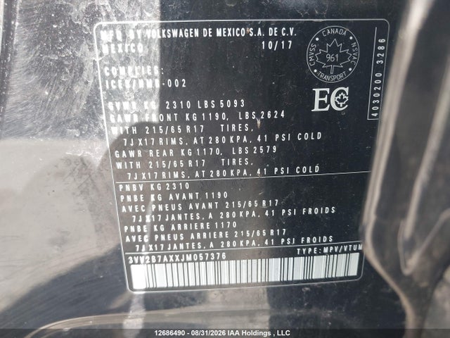 12686490 :رقم المزاد ، 3VV2B7AXXJM057376 vin ، 2018 Volkswagen Tiguan Comfortline مزاد بيع