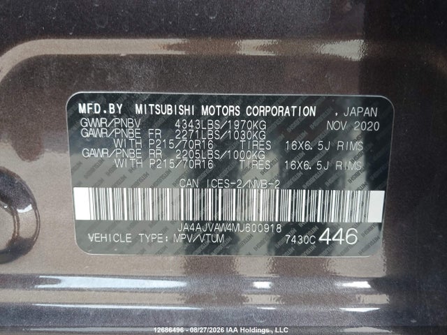2021 Mitsubishi Rvr Gt/le/se/sel მანქანა იყიდება აუქციონზე, vin: JA4AJVAW4MU600918, აუქციონის ნომერი: 12686496