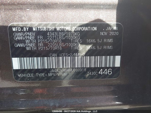 2021 Mitsubishi Rvr Gt/le/se/sel მანქანა იყიდება აუქციონზე, vin: JA4AJVAW4MU600918, აუქციონის ნომერი: 12686496