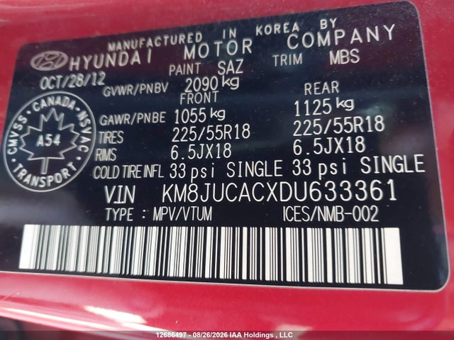 2013 Hyundai Tucson Gls/limited მანქანა იყიდება აუქციონზე, vin: KM8JUCACXDU633361, აუქციონის ნომერი: 12686497