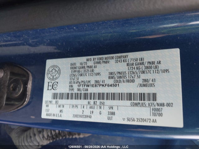 2023 Ford F150 Supercrew მანქანა იყიდება აუქციონზე, vin: 1FTFW1E87PKF64501, აუქციონის ნომერი: 12686501