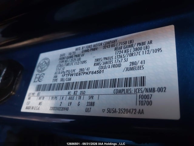 2023 Ford F150 Supercrew მანქანა იყიდება აუქციონზე, vin: 1FTFW1E87PKF64501, აუქციონის ნომერი: 12686501