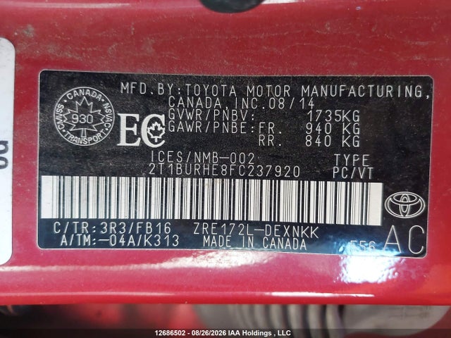 Aukcja sprzedaży 2015 Toyota Corolla Le, vin: 2T1BURHE8FC237920, numer aukcji: 12686502