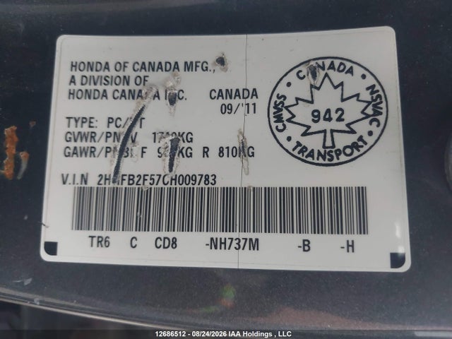 Продаж на аукціоні авто 2012 Honda Civic Ex, vin: 2HGFB2F57CH009783, номер лоту: 12686512